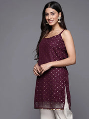 Burgundy Polka Dots Printed Net Tunic With Lace Inserts-AHTUNTFP-8127