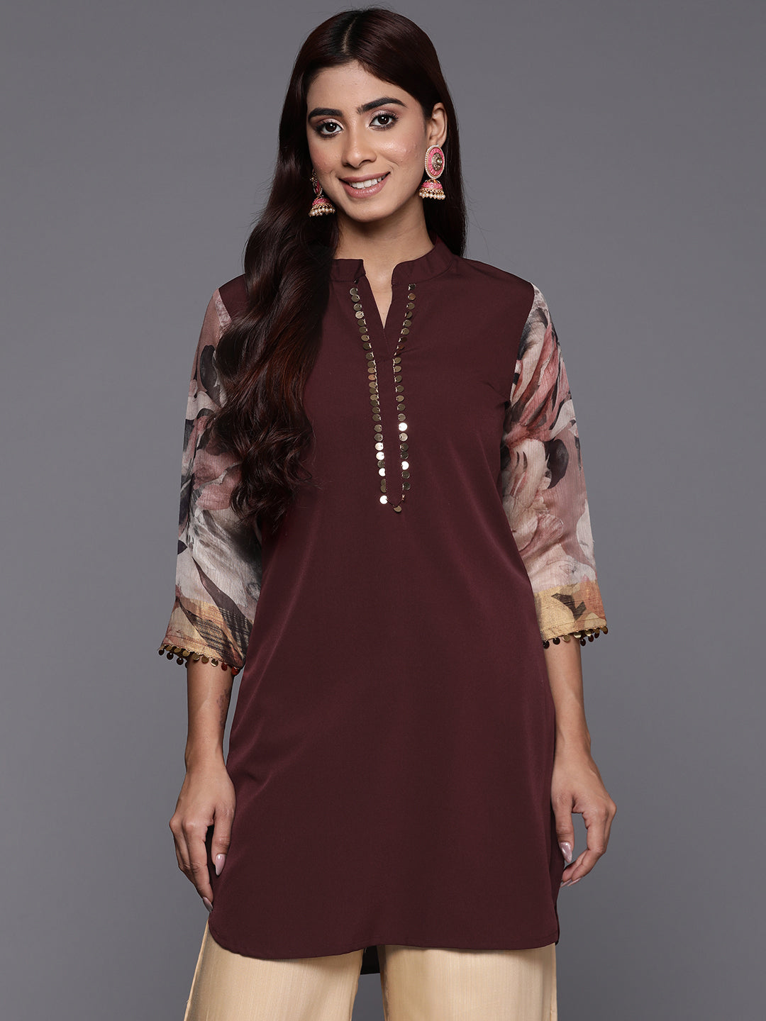 Brown & Gold Toned Tunic Top | Indian Kurta for Women