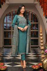 Teal Cotton Blend Ajrakh Printed Straight Kurta Trousers With Dupatta PKSKD3082