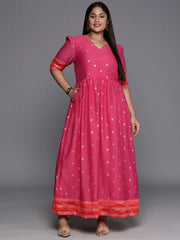Pink & Gold Polka Dot Printed Plus Size Maxi Ethnic Dress-AP-AHDRCHGP-987
