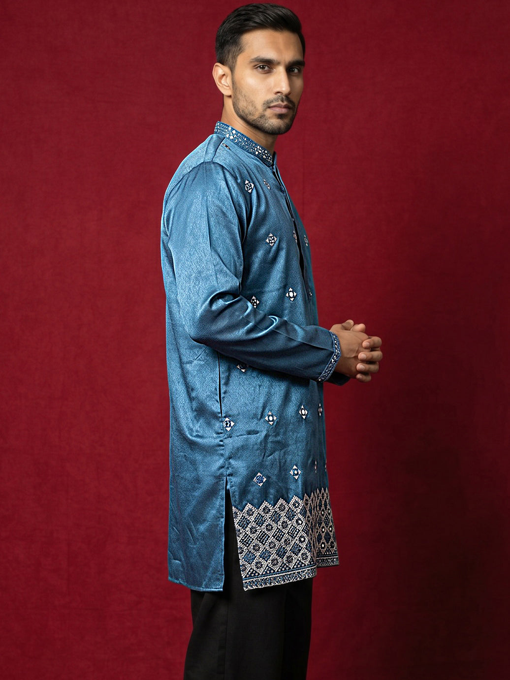 DesiQlo Men Embroidered Kurta Only - Multicolor - 65KO_5598Peacock_S