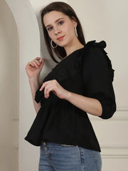 Black Solid Women's Top With Frills-JNT-2024Black