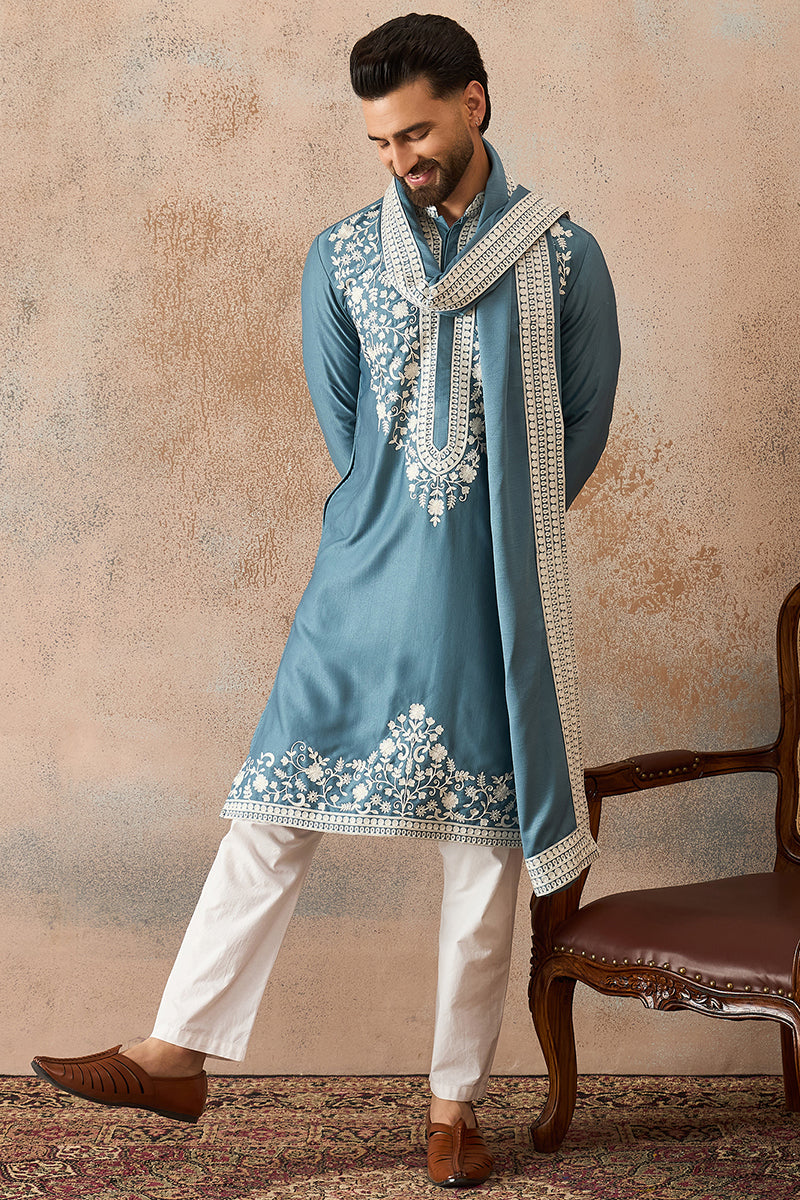 Blue Silk Blend Woven Design Floral Straight Kurta with Dupatta MKUD1039