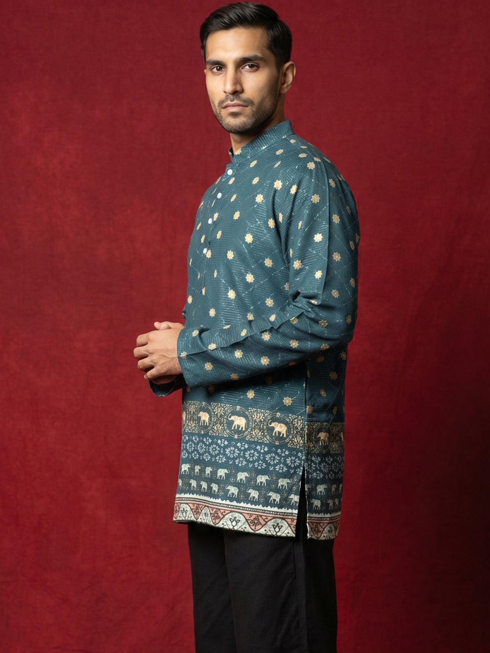 DesiQlo Men Printed Kurta Only - Green - 65KO_5593Teal_S