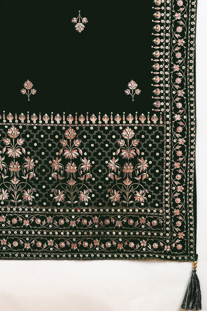 Green Velvet Ethnic Motifs Printed Straight Suit Set PKSKD2772 | DesiQ
