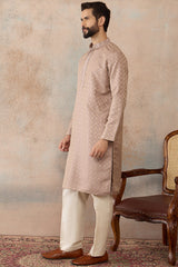 Taupe Jacquard Ethnic Motifs Embroidered Kurta With Trouser MKSET2324