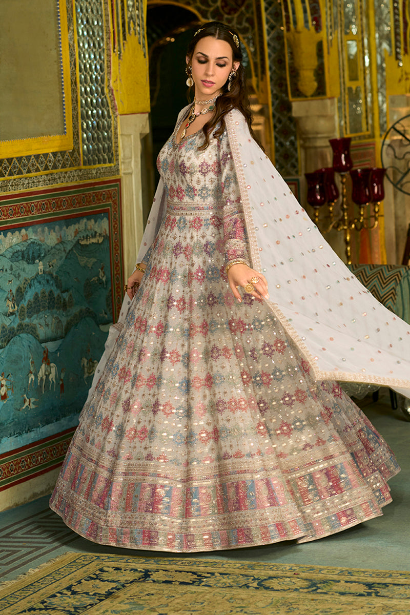Off White Georgette Embroidered With Hand Work Gown With Dupatta VKSET