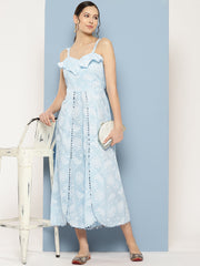 Blue Printed Pure Cotton Jumpsuit with Ruffles-AHJSCOKH-64