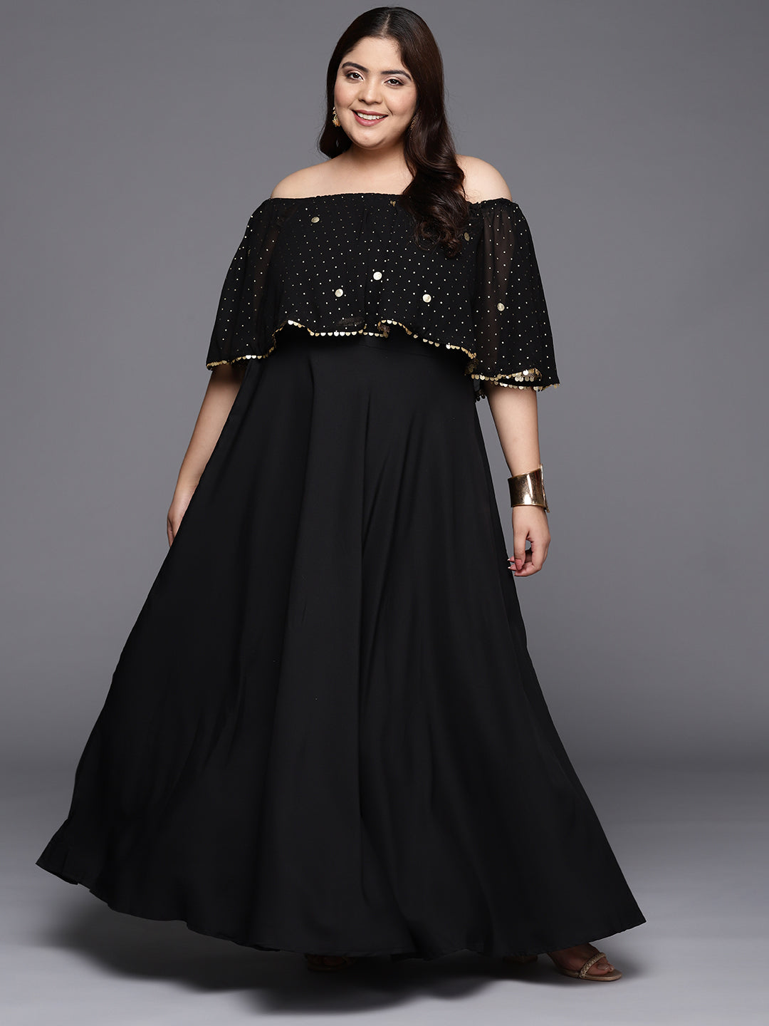 Black & Gold Off-Shoulder Maxi Dress - Indian Dresses