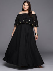 Black & Gold Plus Size Off-Shoulder Maxi Ethnic Dress-AP-AHKUCRGRFP-855