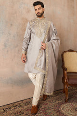 Grey Silk Blend Embroidered Ethnic Kurta with Dupatta MKUD1044