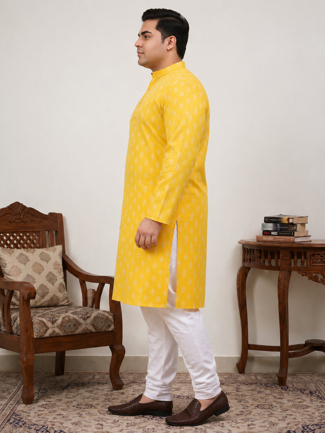 DesiQlo Men Printed Kurta Pyjama Set - Yellow - JOKP_650Lemon_3XL