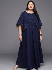 Navy Blue Plus Size Round neck Maxi Ethnic Dress-AP-AHKUCRFP-722