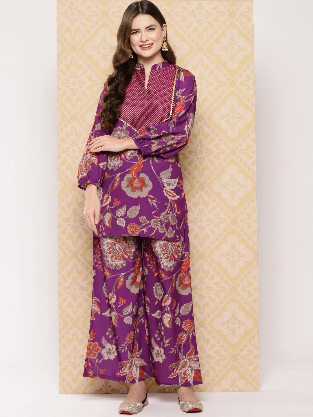 Purple Floral Tunic & Palazzos Set | Women's Two Piece Sets