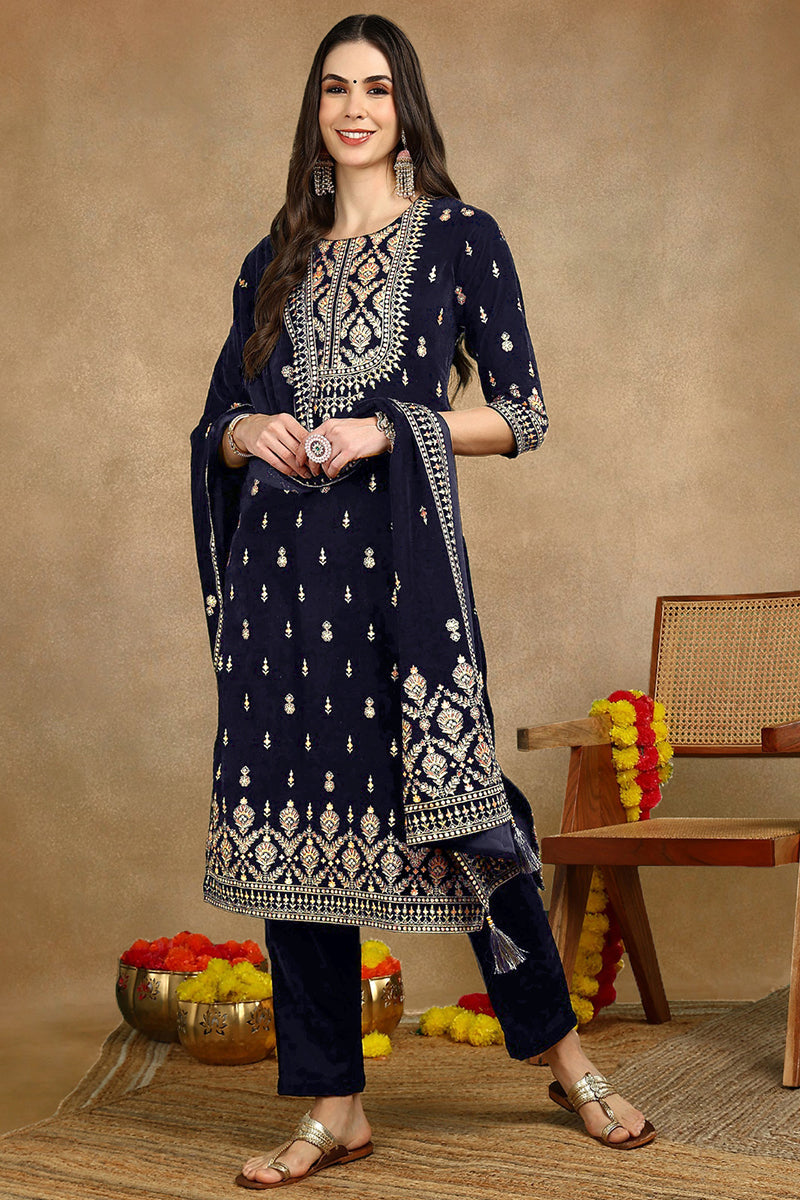 Navy Blue Velvet Ethnic Motifs Printed Straight Suit Set PKSKD2771 | D
