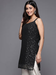 Black Silver Foil Printed Shoulder Straps Net Tunic-AHTUNTFP-8126