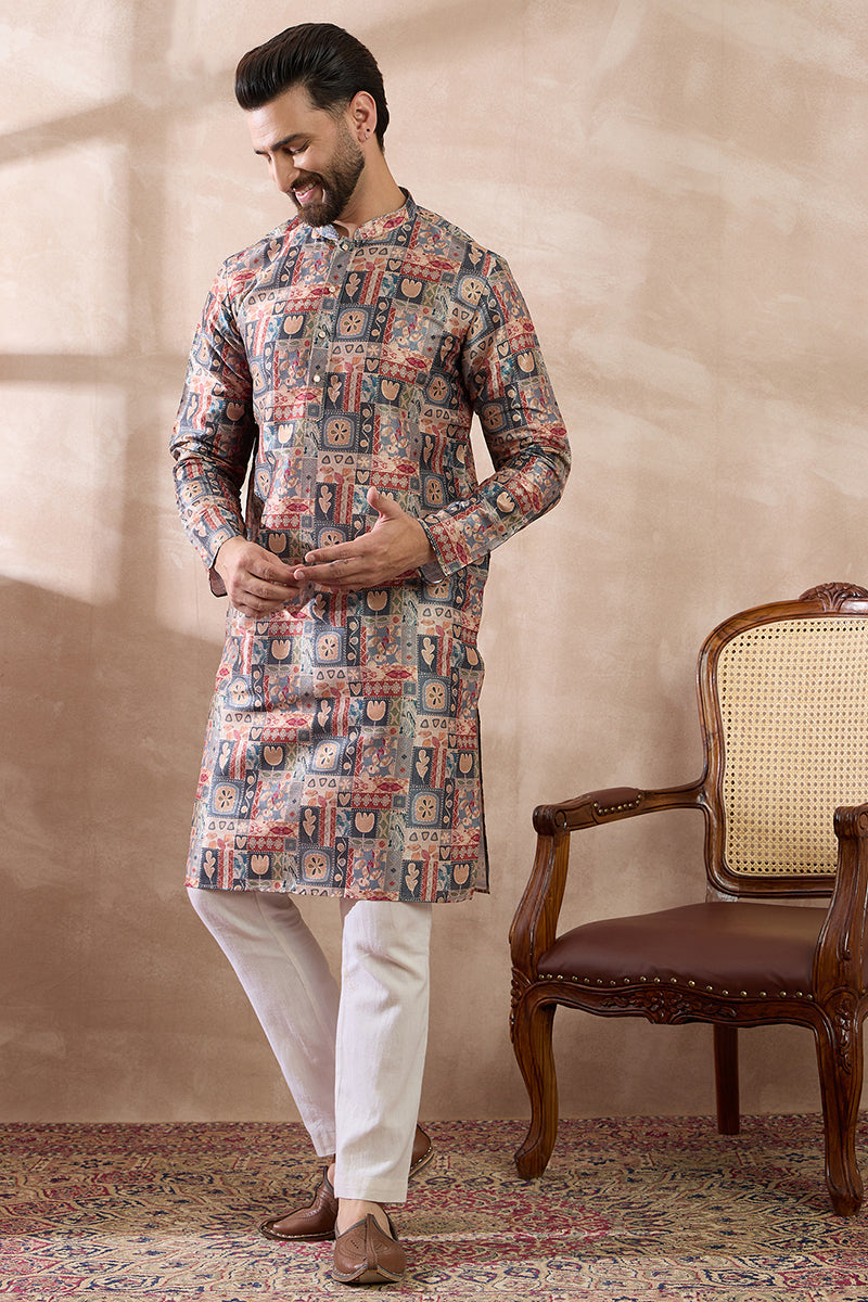 Multi Silk Blend Printed Mandarin Collar Straight Kurta MKU2001