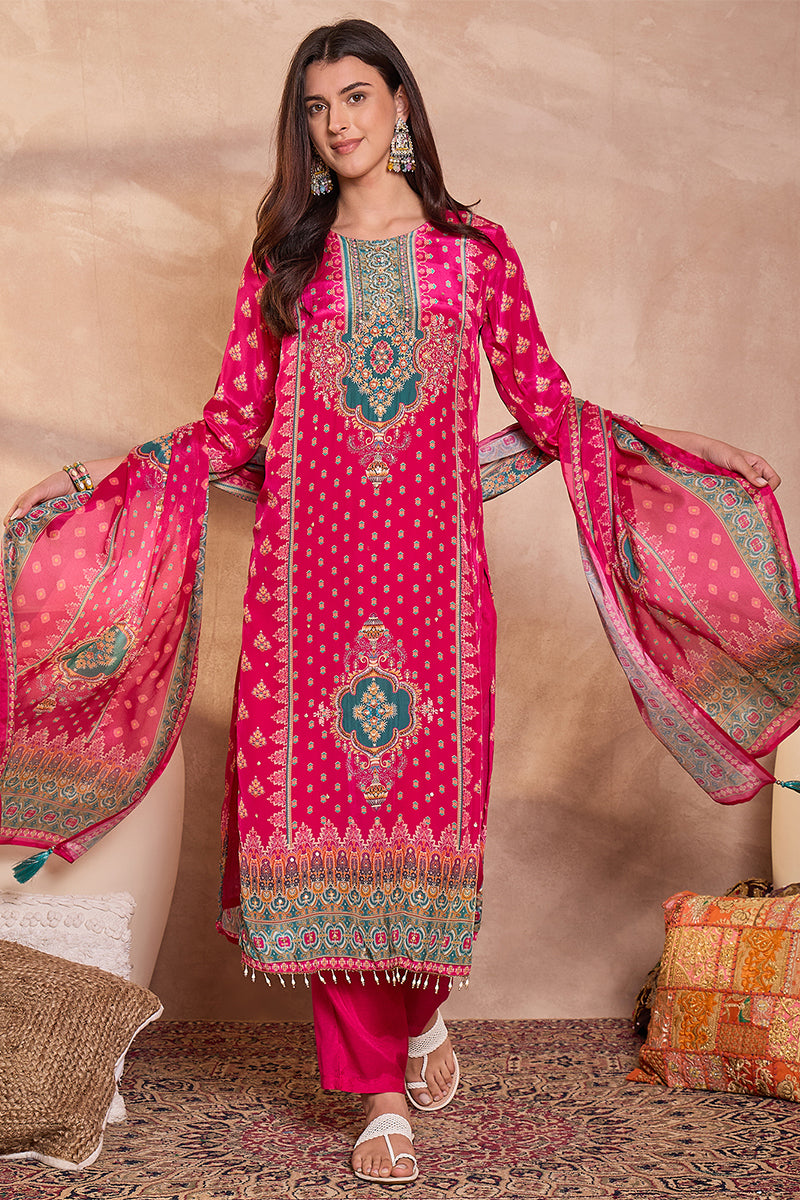 Grey Viscose Rayon Embroidered Kurta Trouser With Dupatta  HPKSKD2789