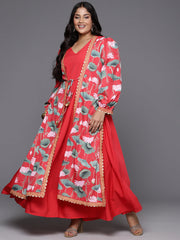 Red Plus Size Floral Printed Layered A-Line Maxi Dress-AP-AHEDCRDP-131