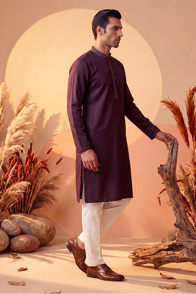 Purple Silk Blend Woven Design Straight Kurta With Trouser MKSET1835