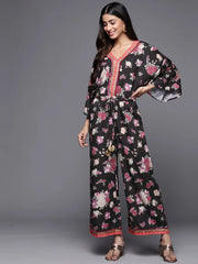 Black Floral Printed Jumpsuit With Lace Inserts-AHJSCRDP-53