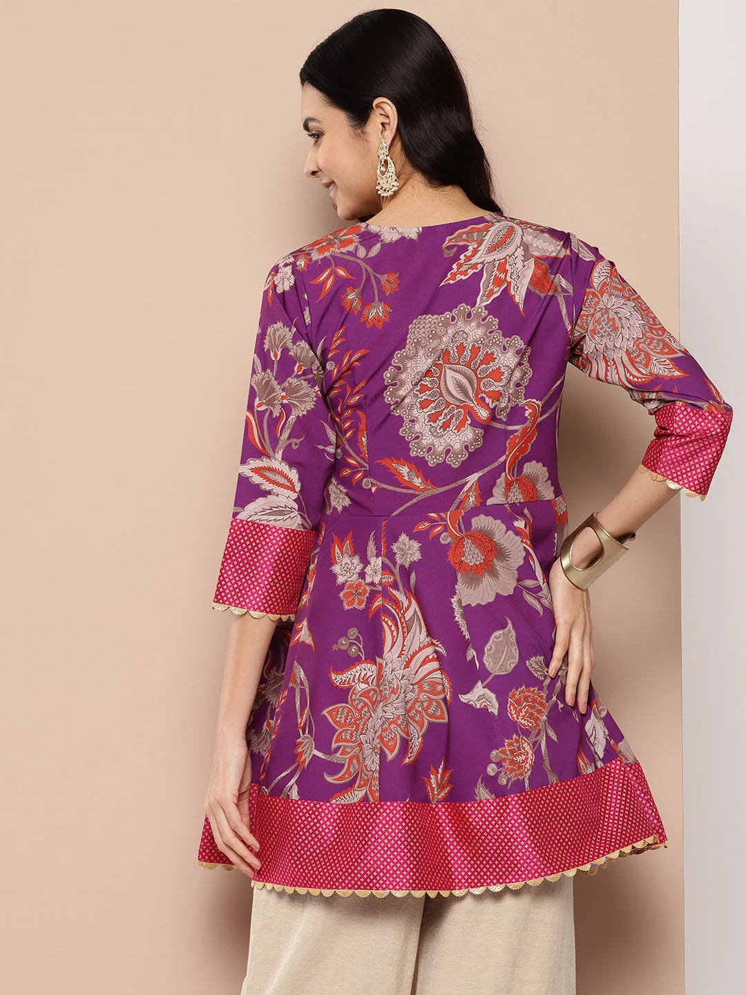 Purple Floral Print Tunic Top - Indian Kurtis Online