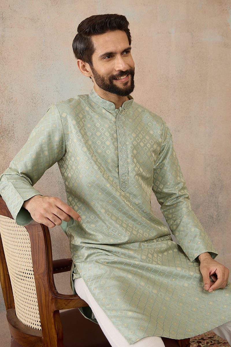 Teal Jacquard Ethnic Motifs Embroidered Kurta MKU2240