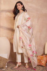Off White Silk Blend Solid Embroidered Straight Kurta Trouser With Dupatta PKSKD3103