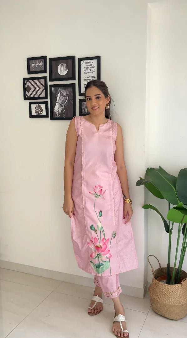 Pink Floral Cotton Kurta Set | Women's Indian Kurta Sets - Style 1