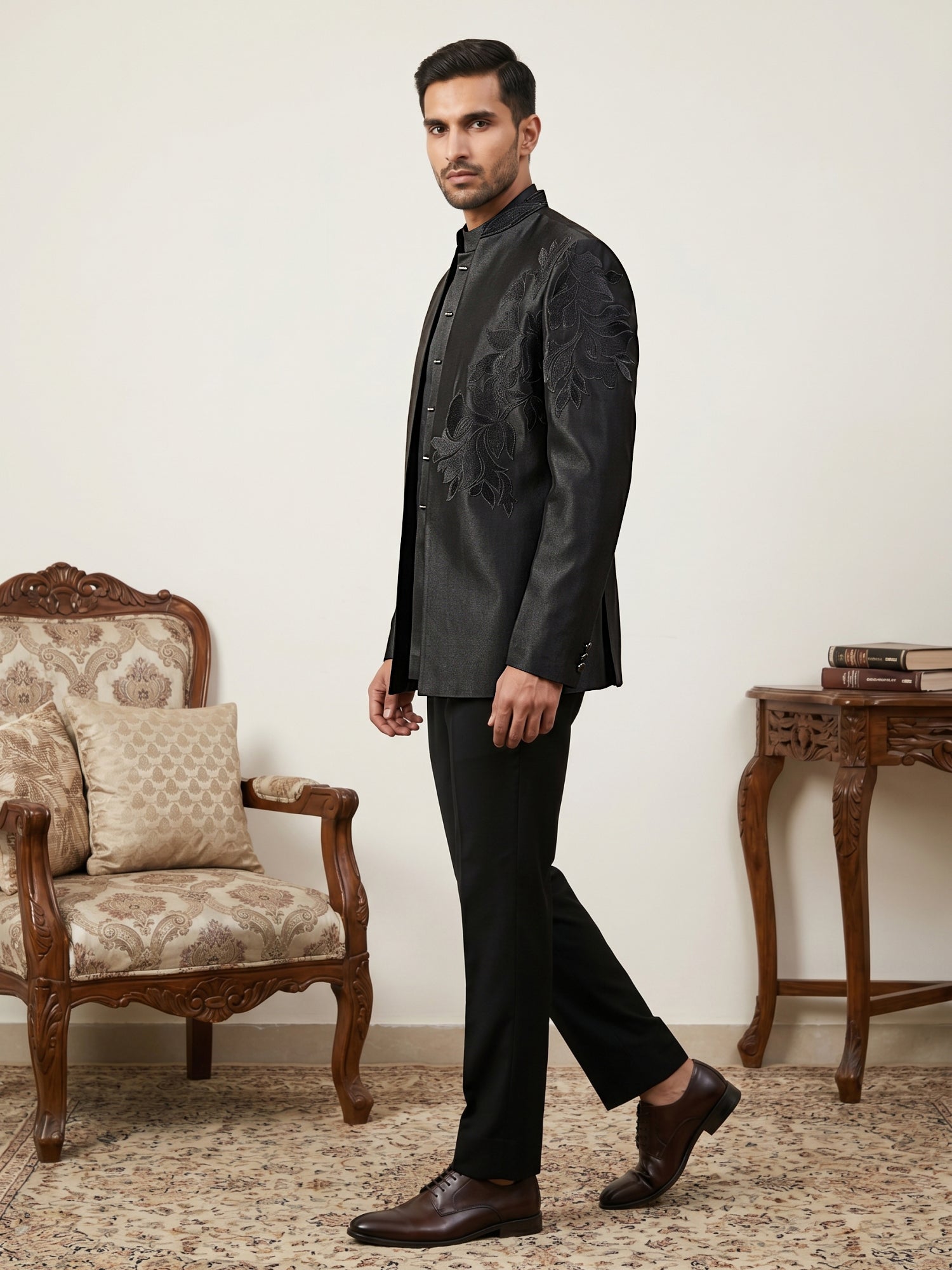 DesiQlo Men Embroidered Indo Western Set - Black - 50JIND_223Black_S