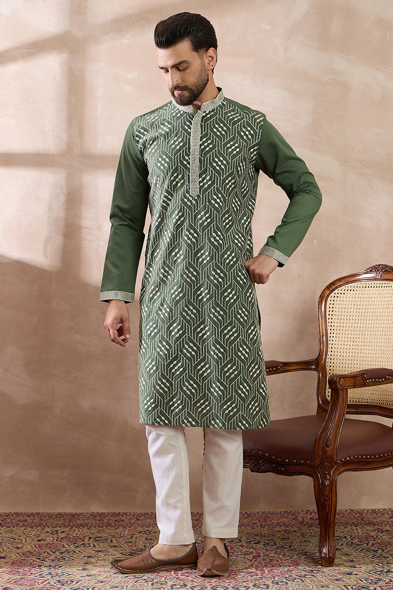 Green Silk Blend Embroidered Mandarin Collar Straight Kurta MKU2081