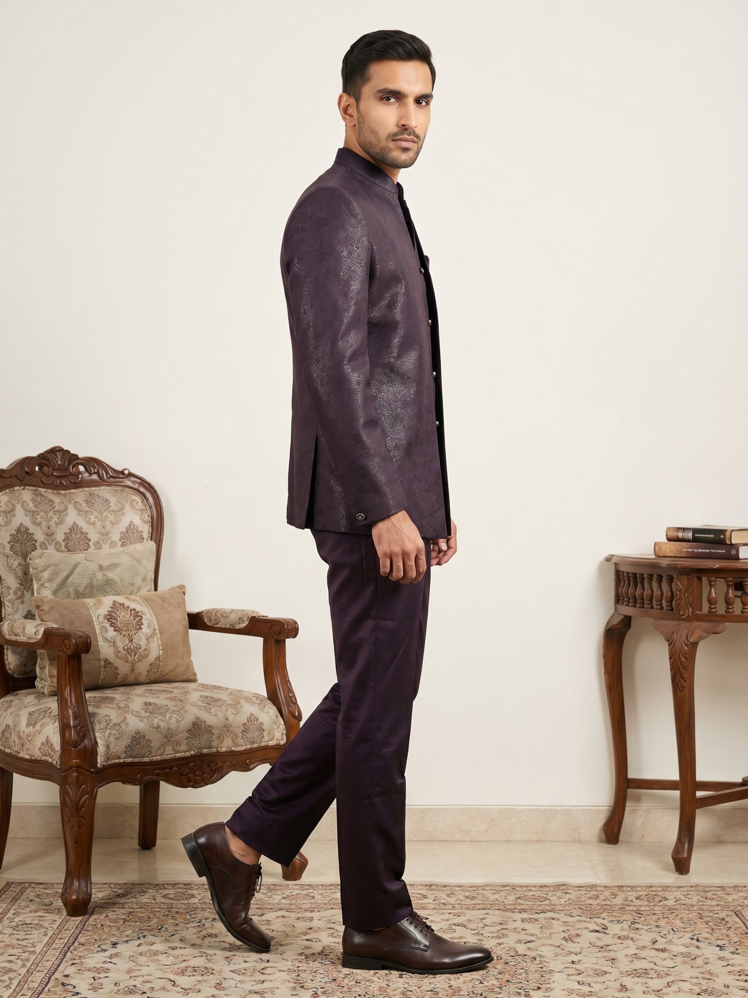 DesiQlo Men Self Design Indo Western Set - Purple