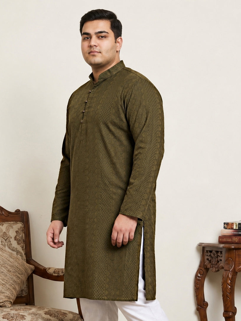 DesiQlo Men Embroidered Kurta Only - Green - KO_640Olive_3XL