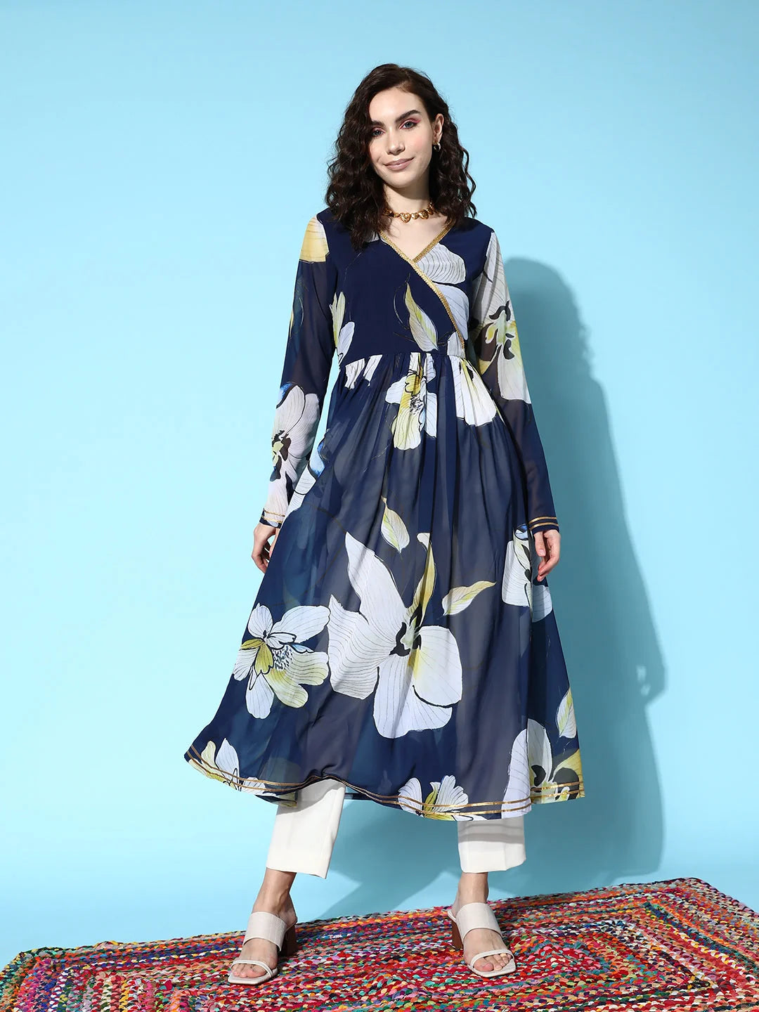 Navy Blue Floral Printed Gotta Patti Georgette Kurta-AHKUGRDP-1085-FF