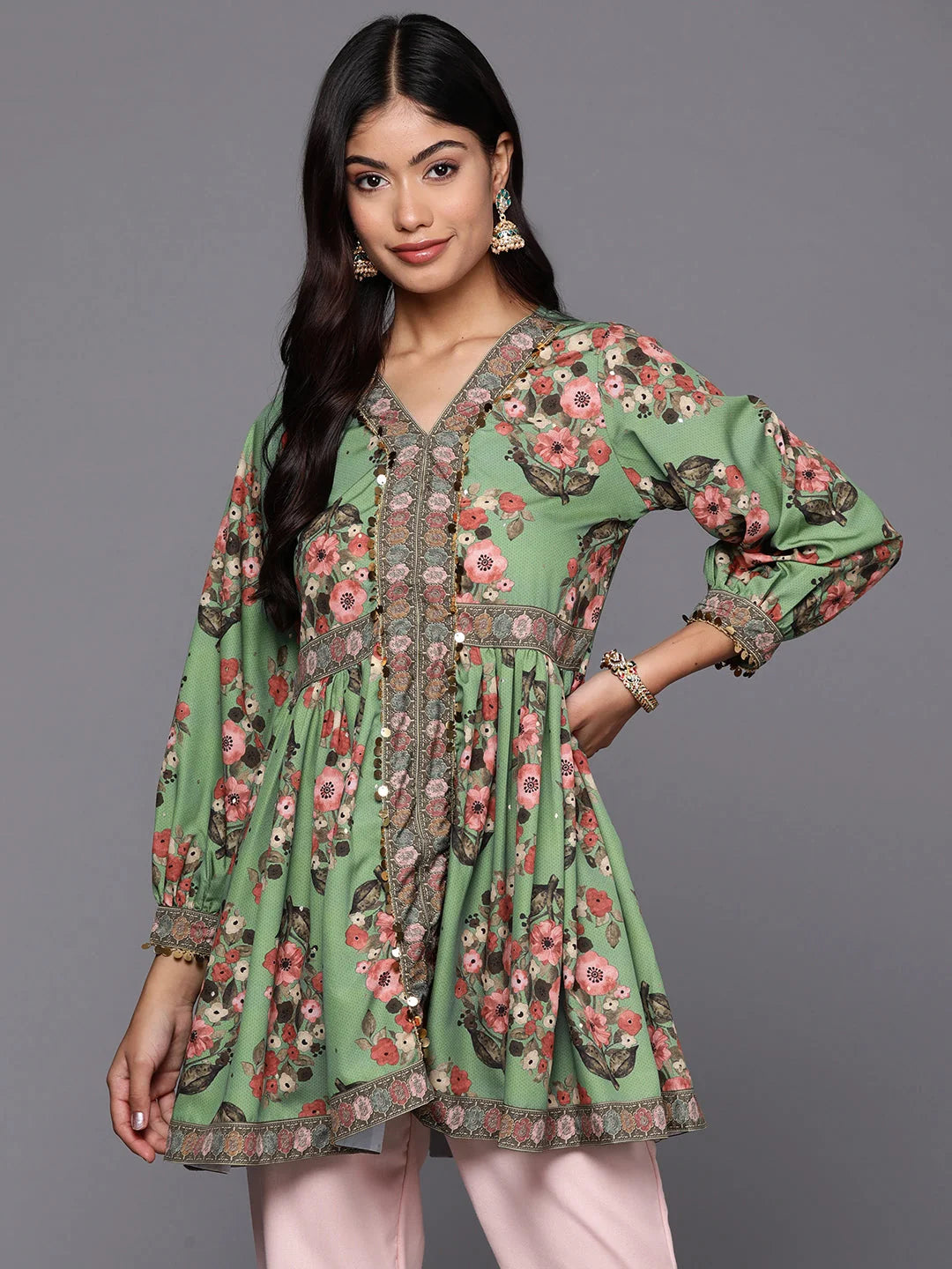 Green & Pink Floral Printed Tunic Top | Indian Kurta for Ladies