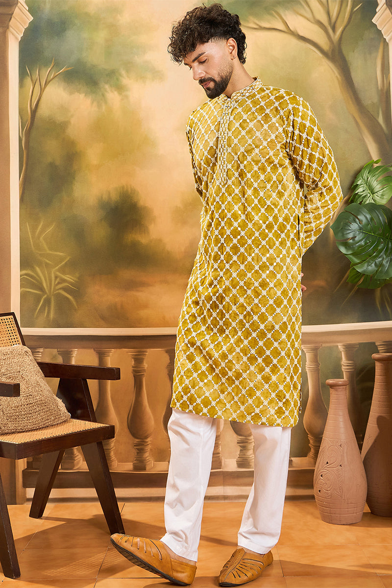 Yellow Silk Blend Embroidered Shibori Straight Kurta With Trousers MKSET1415