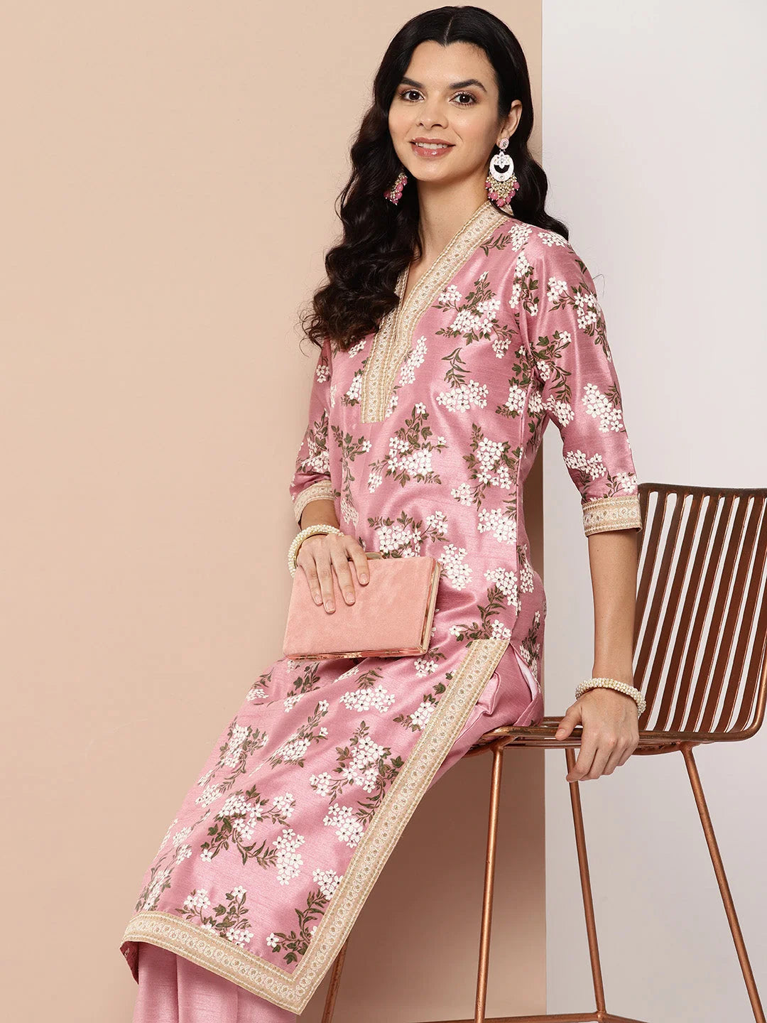 Pink Floral Printed Indian Kurta Set | Women's Kurta Sets