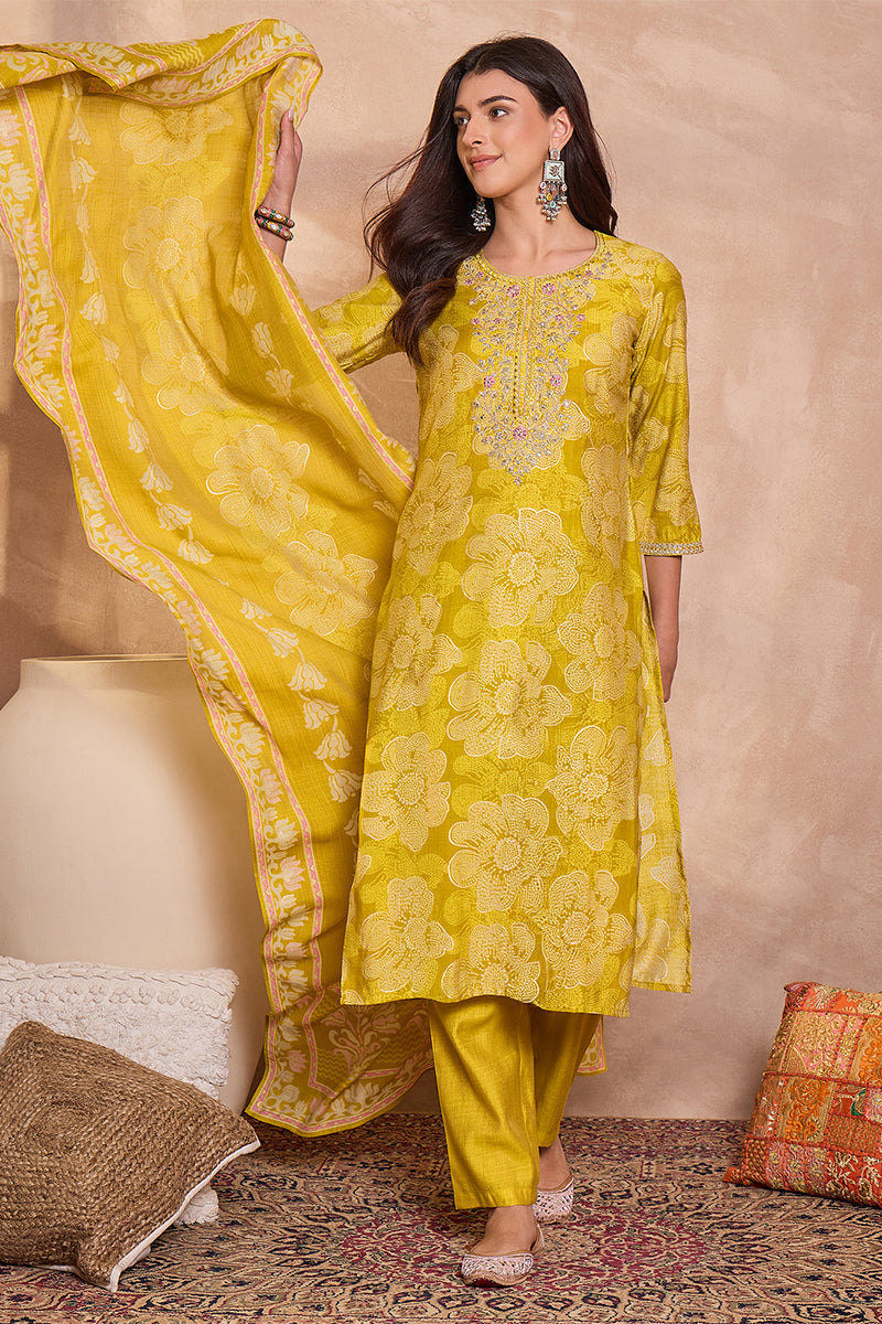 Yellow  Floral Printed Straight Kurta Trouser With Dupatta VKSKD3209