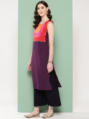 Burgundy Yoke Design Sequined Kurta-AHKUCRPL-1084