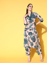 Beige & Green Floral Printed Kurta with Trousers-AHKUPZ-COMBO-598