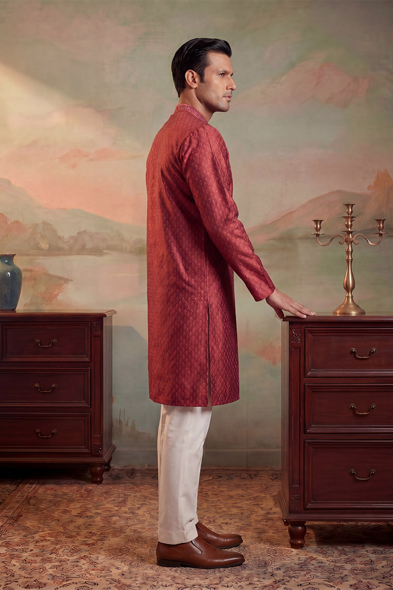 Maroon Jacquard Woven Design Straight Kurta With Trouser MKSET2342