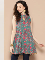 Teal & Pink Floral Printed Tunic-AHTUCRDP-8140-ICH