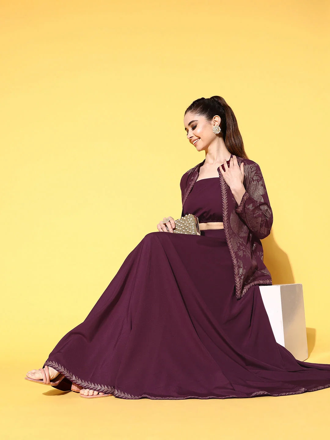 Burgundy Printed Top & Skirt Set with Jacket | Women's Lehenga
