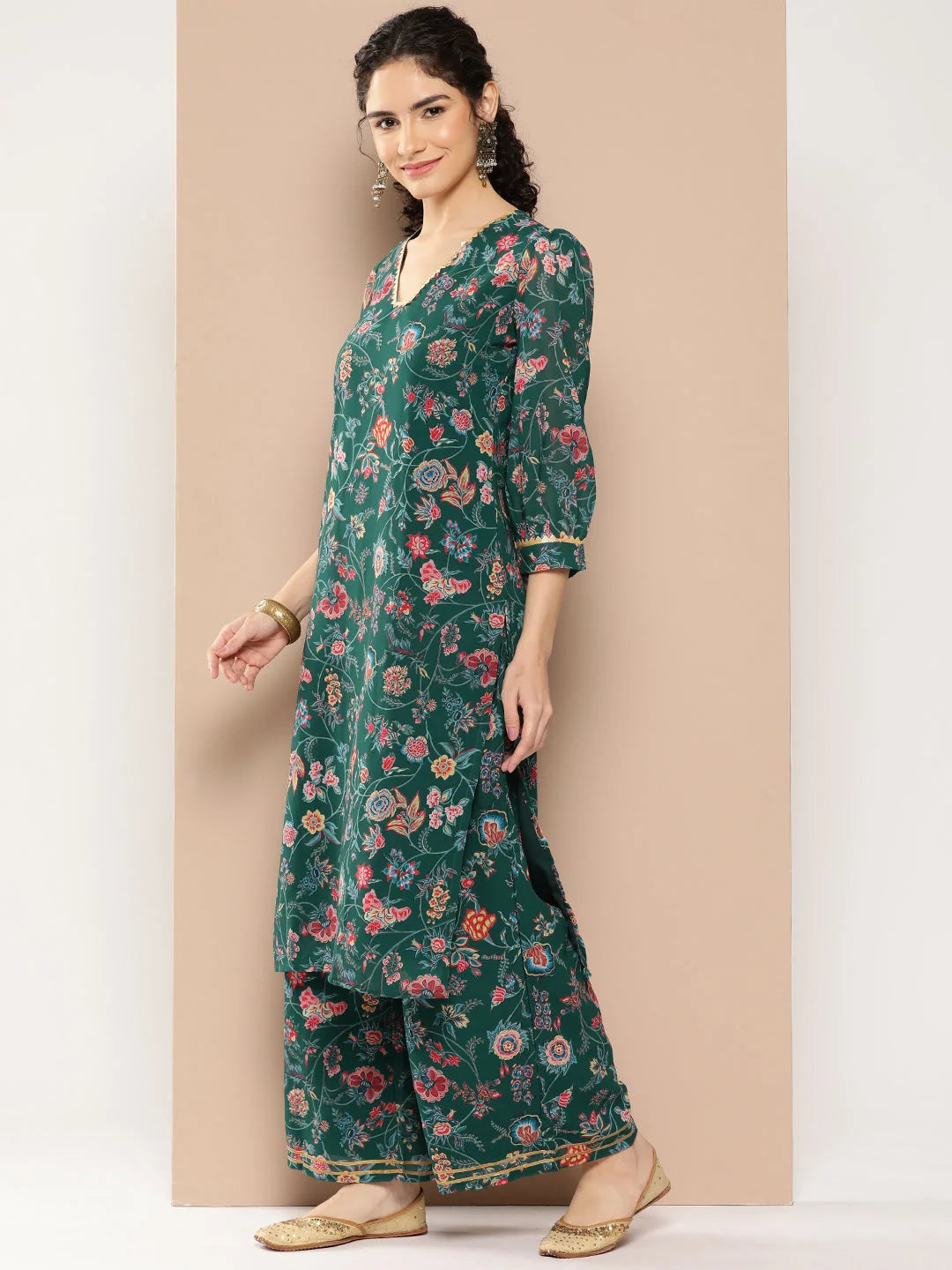 Green Floral Kurta Palazzo Set with Gotta Patti Detailing