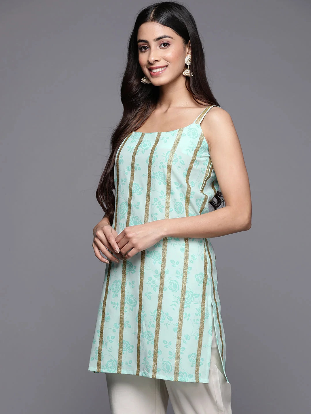 Sea Green Floral Tunic Top - Modern Indian Kurta for Women