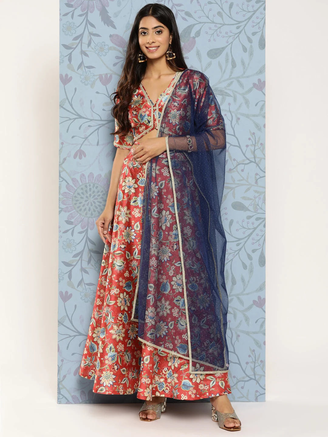 Rust & Blue Floral Lehenga | Ready to Wear Women's Lehenga Choli