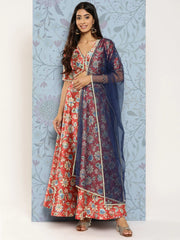 Rust & Blue Floral Printed Ready to Wear Lehenga & Blouse With Dupatta-AHBLDUSK-COMBO-754-ICH