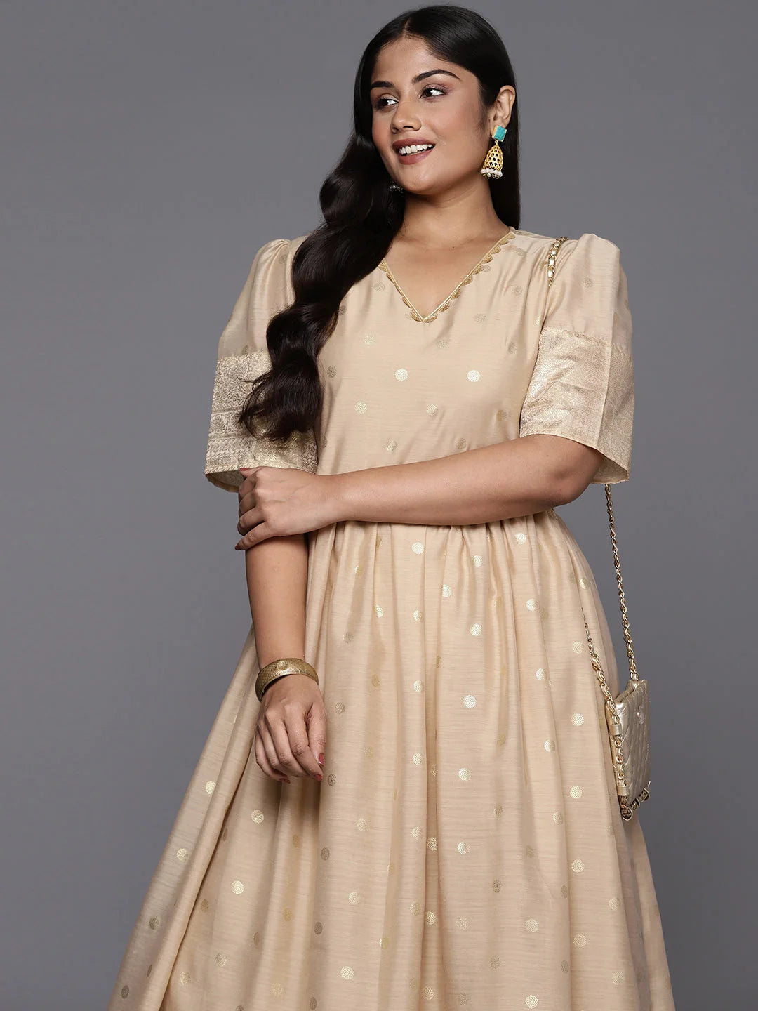 Beige Polka Dot Plus Size Maxi Dress | Indian Cotton Dresses