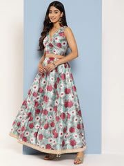 Blue Floral Printed Ready to Wear Lehenga & Blouse With Dupatta-AHBLDUSK-COMBO-747-ICH