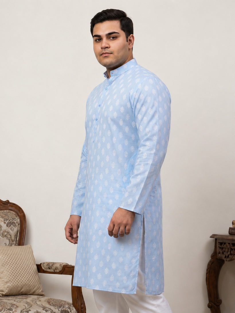 DesiQlo Men Printed Kurta Only - Blue - KO_650Sky_3XL